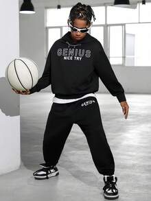 Cậu bé Tween Đồ họa Chữ cái Áo Hoodie & Quần thể thao - màu đen - Xem 3