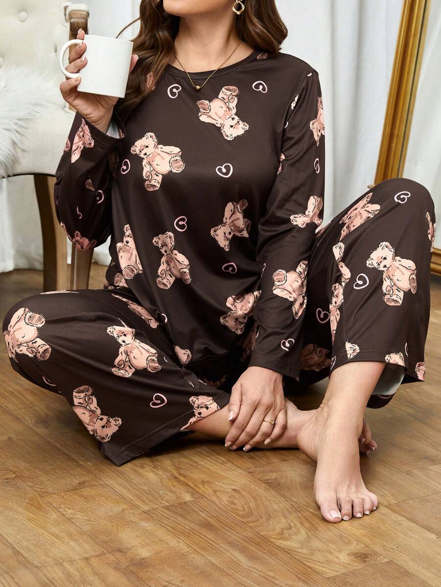 Plus Bear & Heart Print PJ Set / Pajama Set - Brown - View 1