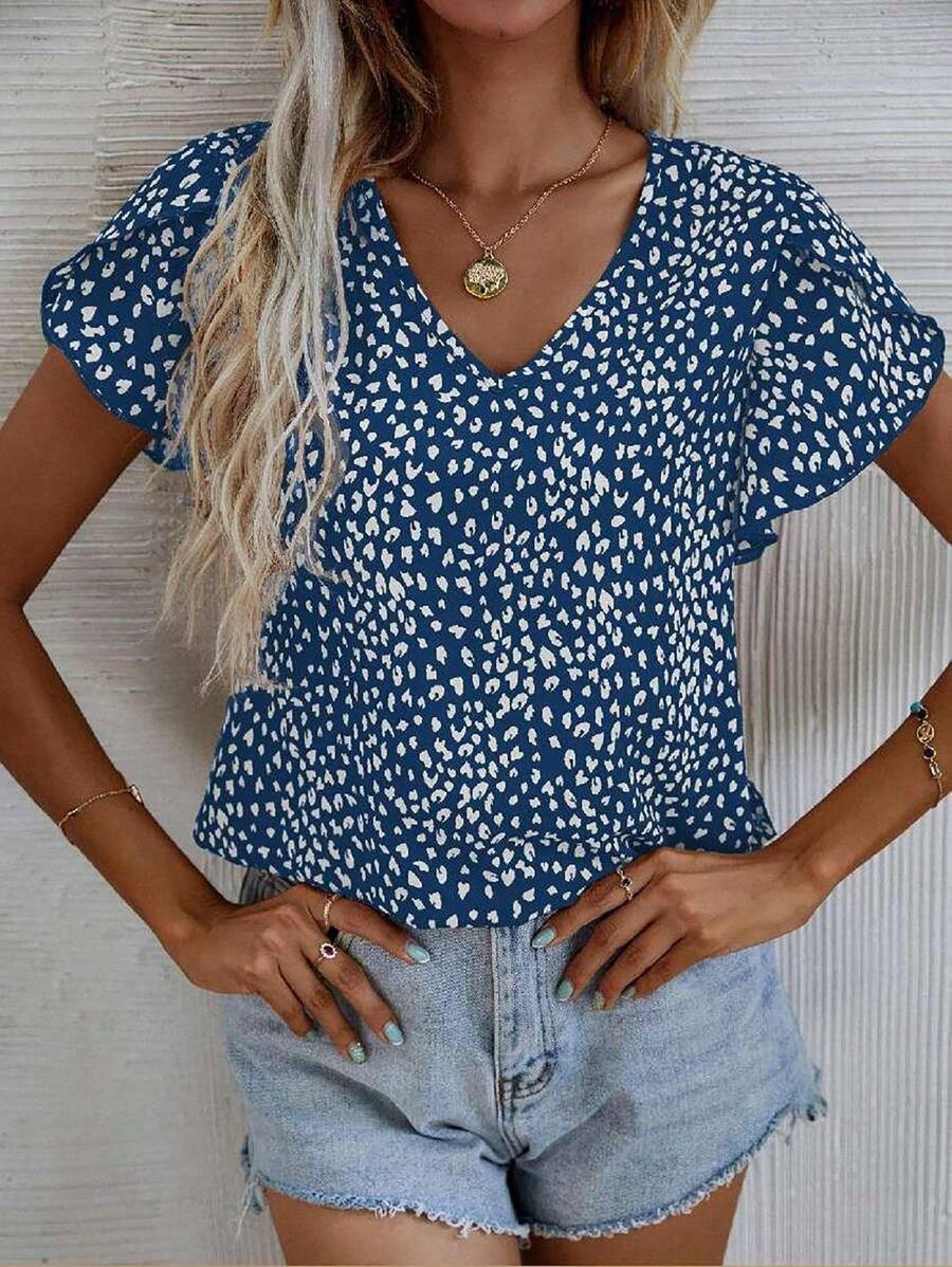 EMERY ROSE Allover Print Petal Sleeve Blouse - Blue - View 1