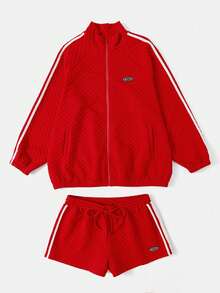 SHEIN EZwear Hơn 1 Miếng Thư được vá Sọc Bên Tay Raglan Áo khoác & 1 Miếng Quần short - Đỏ - Xem 3