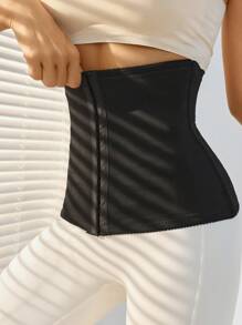 Women's Black High Stretch Zipper Contrast Mesh Punk Tummy Control Waist Trainer - Black - View 5
