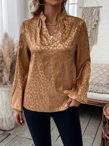 SHEIN LUNE Leopard Jacquard Lantern Sleeve Notched Neck Blouse - Brown - View 4