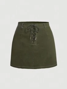 SHEIN MOD 大碼前繫帶半身裙 - 軍綠色 - 查看 1