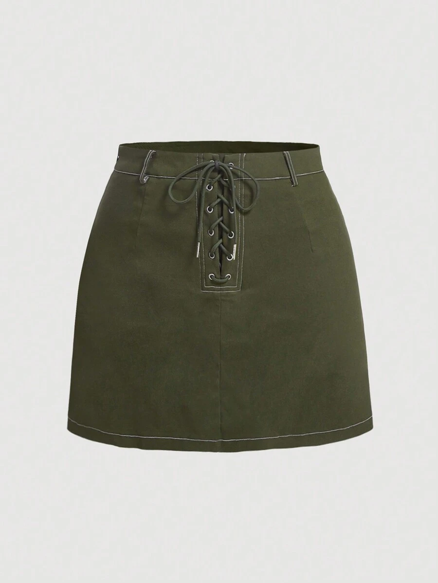 SHEIN MOD 大碼前繫帶半身裙 - 軍綠色 - 查看 1