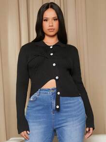 SHEIN SXY 休閒不對稱 羅紋針織 前紐扣純色大碼開衫 - 黑色 - 查看 1