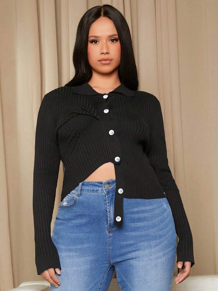Plus Button Front Asymmetrical Hem Cardigan