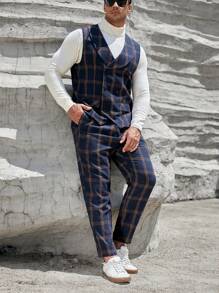 EASEVO Men Plus Plaid Print Shawl Collar Blazer Vest & Suit Pants Without Tee - Navy Blue - View 1