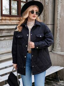 Calvaya 加盖口袋落肩绗缝夹棉大衣冬季服装 - 黑色 - 查看 7