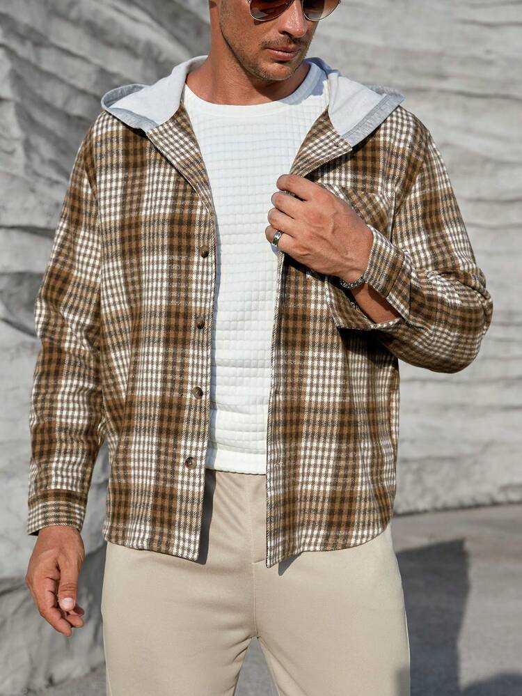 Loose Men's Plus Size Plaid Printed Hooded Overcoat, For Fall Winter