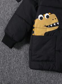 SHEIN 小男孩休閒加厚連帽羽絨衣/外套，可愛恐龍設計，帶 3d 耳朵和肩章，冬季 - 黑色 - 查看 5