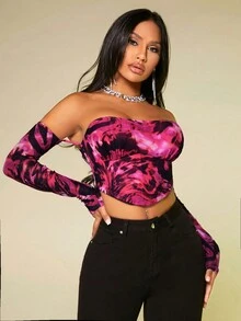 SHEIN SXY 新年tie Dye 露肩領巾式下擺短上衣 - 彩色 - 查看 4