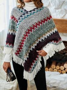 SHEIN LUNE 1 Miếng Mô hình Chevron Viền rìa Áo len Poncho - Màu tím - Xem 4