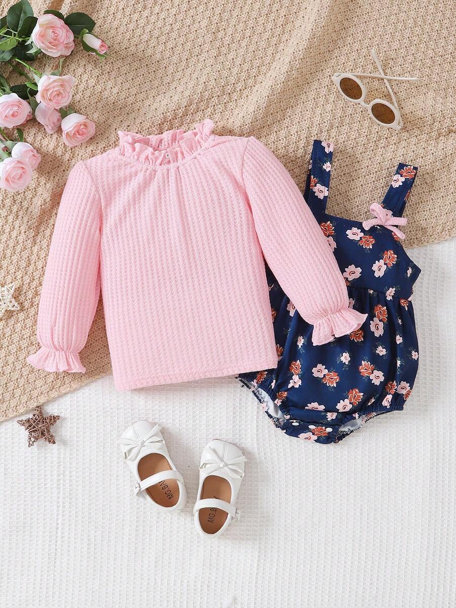 Đứa bé gái tay áo lá sen Áo thun & In hoa Romper tổng thể - Hồng - Xem 1