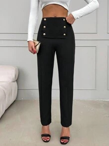 SHEIN Cottnline High Waist Button Detail Pants - Black - View 1