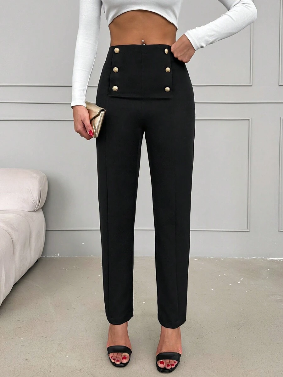 SHEIN Cottnline High Waist Button Detail Pants - Black - View 1