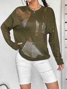 SHEIN EZwear Solid Drop Shoulder Ripped Sweater - Army Green - View 6