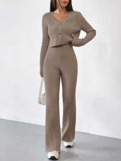 SHEIN EZwear Autumn And Winter 2pcs/Set Women V-Neck Button Decor Contrast Color Long Sleeve Top And Knitted Long Pants Sweater Suit,Women's Fall Clothes