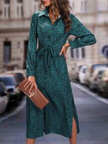 斑點印花高衩腰帶襯衫洋裝 - 綠色 - 查看 1