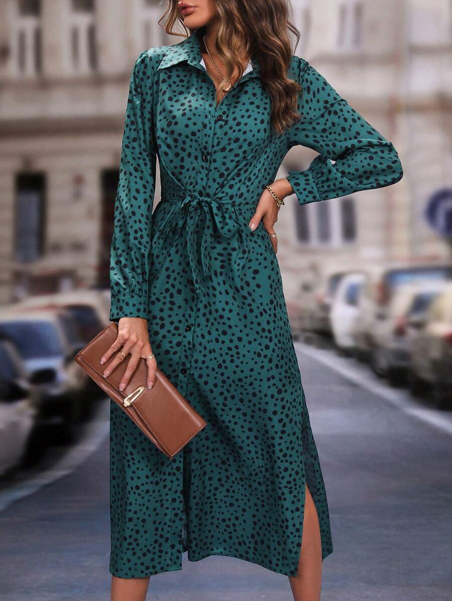 斑點印花高衩腰帶襯衫洋裝 - 綠色 - 查看 1