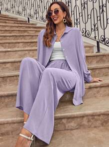 SHEIN Frenchy Drop Shoulder Shirt & Wide Leg Pants - Mauve Purple - View 1