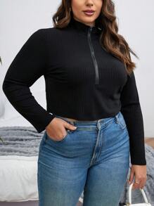 SHEIN CURVE+ Plus Half Zip Ribbed Knit Tee - Black - View 6
