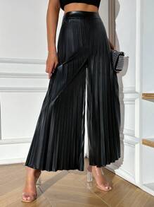 Zolique Cao eo Xếp li chất liệu da PU Quần ống rộng - màu đen - Xem 4