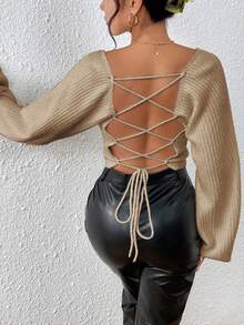 SHEIN SXY 方領燈籠袖短款毛衣 - 卡其色 - 查看 3