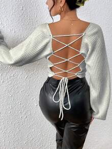 SHEIN Essnce Cổ vuông Tay áo lồng đèn Áo len Crop - Màu Xám nhạt - Xem 3