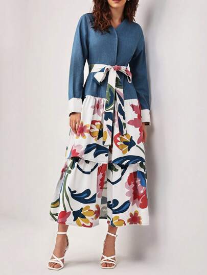 Frida Kahlo X SHEIN X Designer Pompi García 印花腰帶襯衫牛仔洋裝