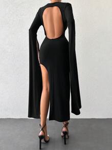 SHEIN Cottnline Solid Split Thigh Cloak Sleeve Split Thigh Dress - Black - View 3