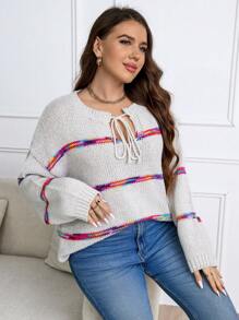 Calvaya Plus Colorblock Tie Neck Drop Shoulder Sweater Knit Pullover Fall Winter Sweater - Multicolor - View 3