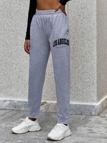 EURMUSE Letter Graphic Elastic Waist Sweatpants - Grey - View 4