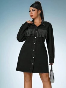 SHEIN ICON Plus Fringe Trim Denim Shirt Dress - Black - View 6