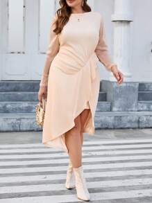 SHEIN Privé Plus Contrast Mesh Ruffle Trim Knot Side Wrap Hem Dress - Apricot - View 1