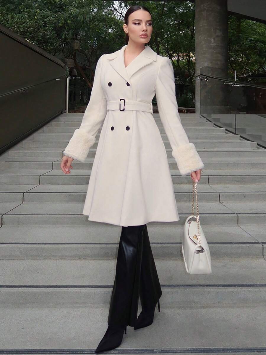 SHEIN Privé Abrigo de peluche puño de doble botonadura con cinturón