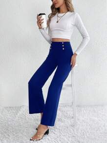 SHEIN Tall 高腰紐扣細節直筒褲 - 藍色 - 查看 6