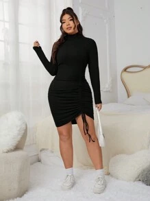 SHEIN EZwear Plus High Neck Drawstring Front Bodycon Dress - Black - View 4