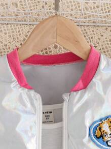 SHEIN 年輕女孩字母圖案荷葉邊飛行員夾克和裙子 - 銀色 - 查看 3