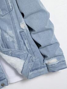 Manfinity Hypemode 男士破洞加絨內裏牛仔夾克不帶T恤 - 淺色水洗藍 - 查看 8