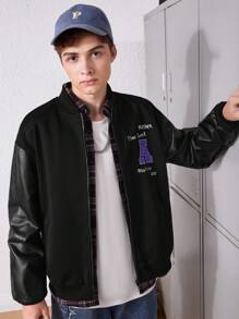SHEIN Teen Boy 1pc Slogan & Cartoon Graphic Drop Shoulder Contrast PU Leather Bomber Jacket - Black - View 5