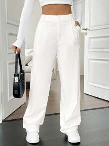 SHEIN Unity High Waist Slant Pocket Straight Leg Pants - White - View 1