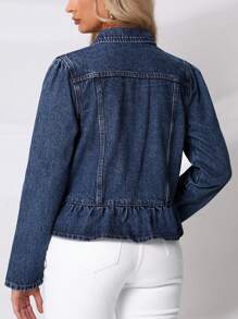 SHEIN Privé Flap Detail Ruffle Hem Denim Jacket - Dark Wash - View 2