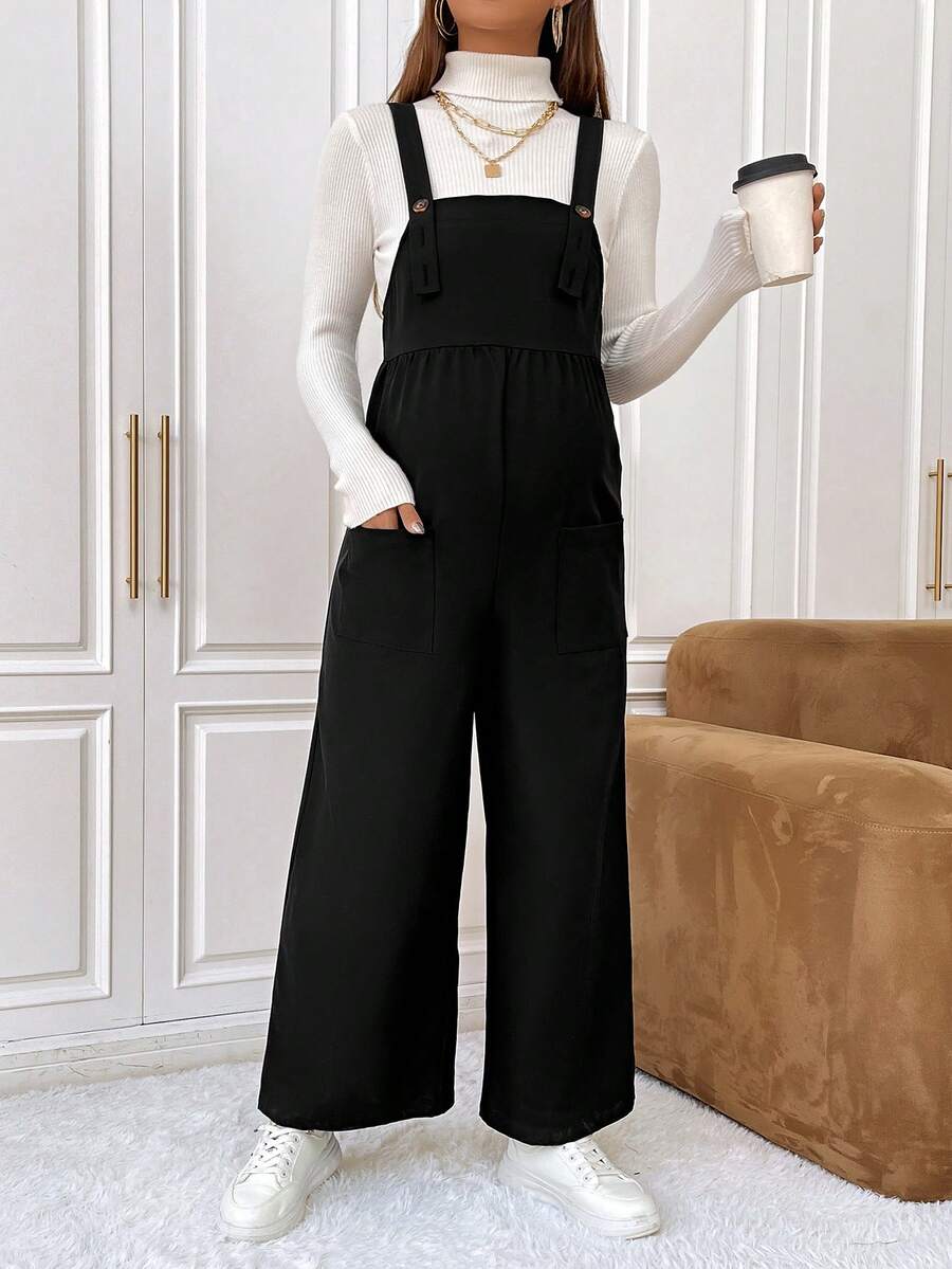 SHEIN 孕婦1入組雙口袋背帶連身褲 - 黑色 - 查看 1