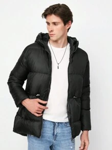RueChic Men Drawstring Waist Hooded Puffer Coat - Black - View 1