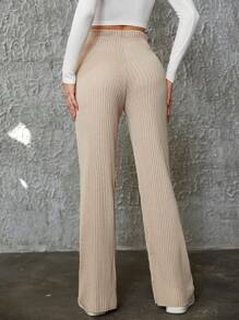 EURMUSE Solid Rib-Knit Wide Leg Pants - Apricot - View 2