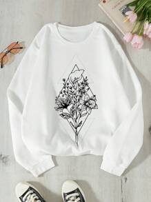 SHEIN EZwear In hoa Lót nhiệt Áo nỉ - trắng - Xem 1