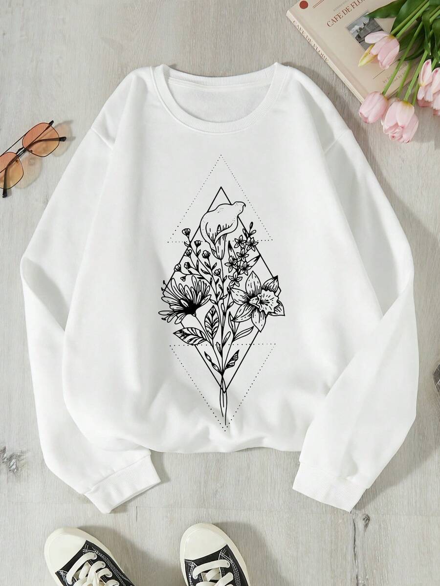 SHEIN EZwear In hoa Lót nhiệt Áo nỉ - trắng - Xem 1