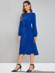 SHEIN Clasi Solid Ruched Detail Lantern Sleeve Dress - Blue - View 5