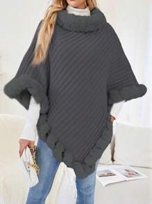 SHEIN Clasi 1 pieza Jersey poncho ribete lanudo de manga murciélago bajo con fruncido - Azul - Ver 1