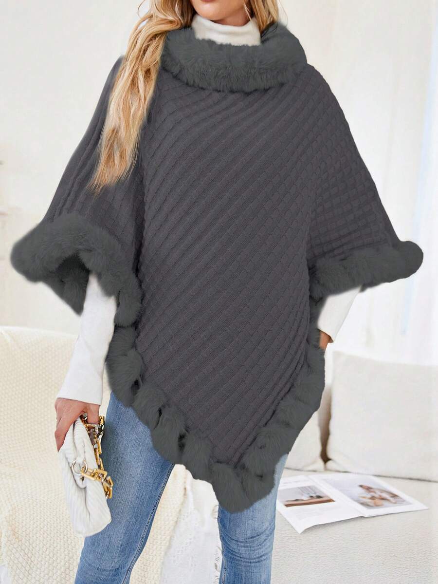 SHEIN Clasi 1 pieza Jersey poncho ribete lanudo de manga murciélago bajo con fruncido - Azul - Ver 1